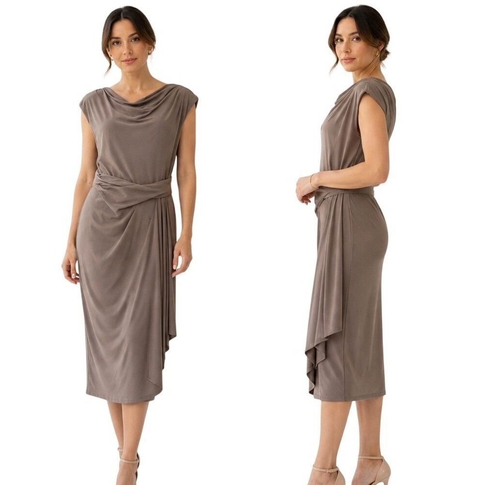 Suzi Chin for Maggy‎ Boutique Cowl Neck Sleeveless Wrap Waist Midi Dress Size 14